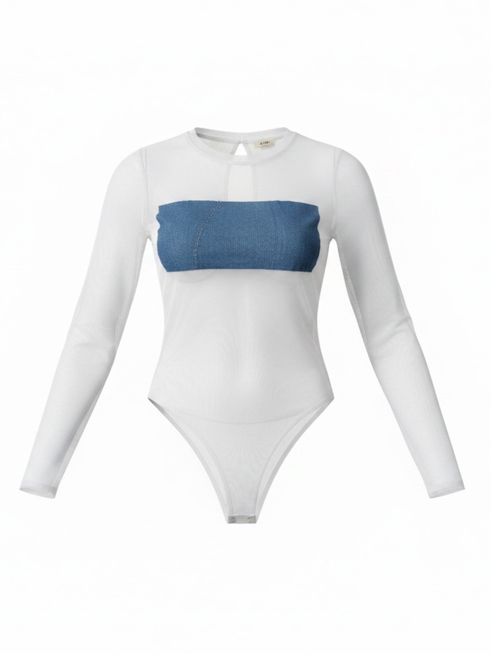 NWT Minaa Monroe Sheer Mesh Denim Panel Bodysuit White Blue L